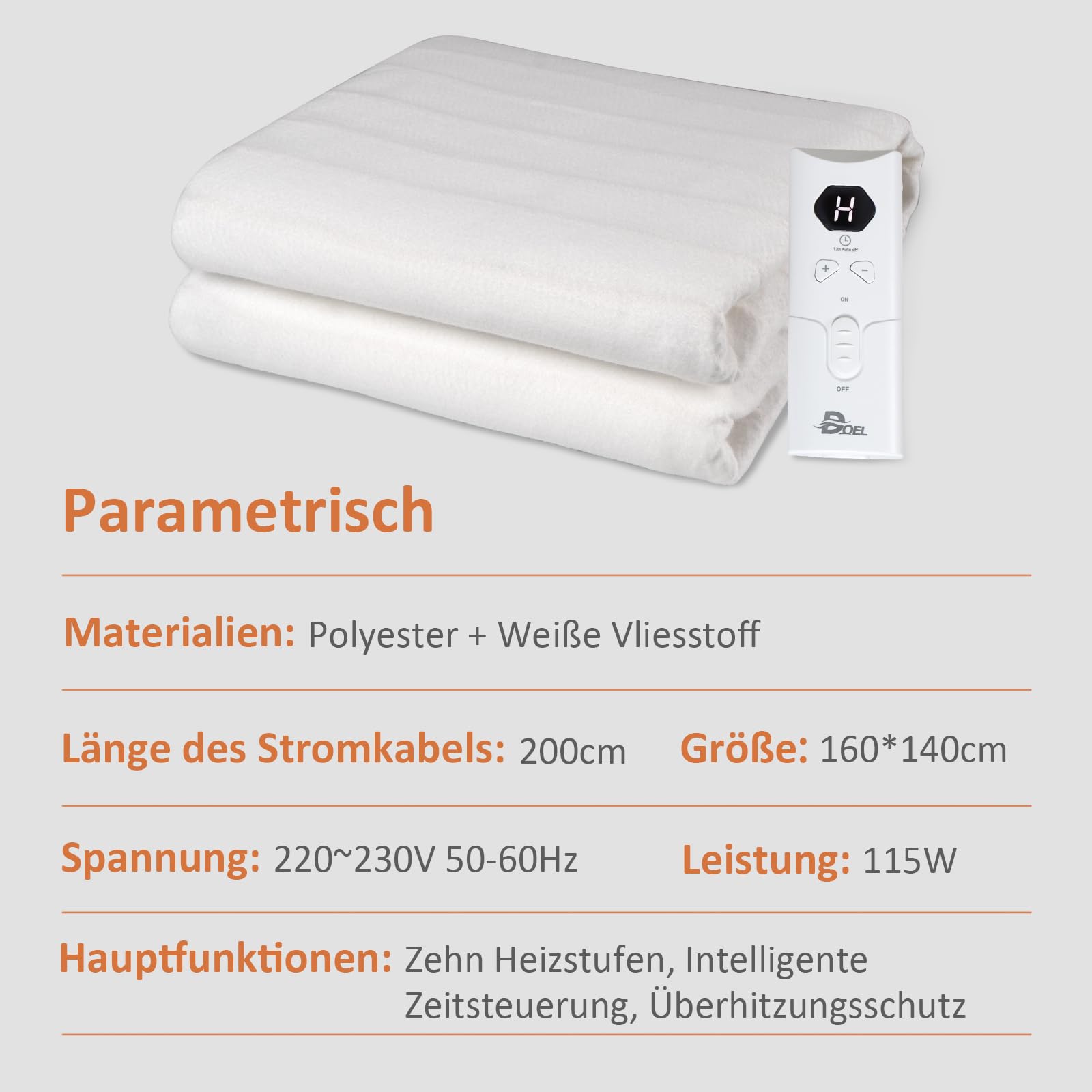 DOEL Heizdecke 160x140cm, Wärmeunterbett Doppel mit 10 Heizstufen, Elektrische Wärmedecke mit 3/12h Abschaltautomatik, Maschinenwaschbar Matratzenheizung, 220-230V, 50-60Hz, 115W, Weiß