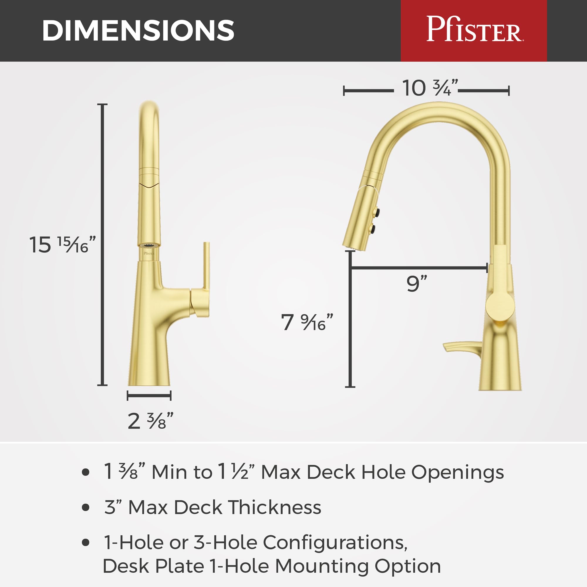 Pfister Tasso F5297TSOBG - Grifo de cocina con pulverizador extraíble y dispensador de jabón, mango único, arco alto, acabado dorado cepillado