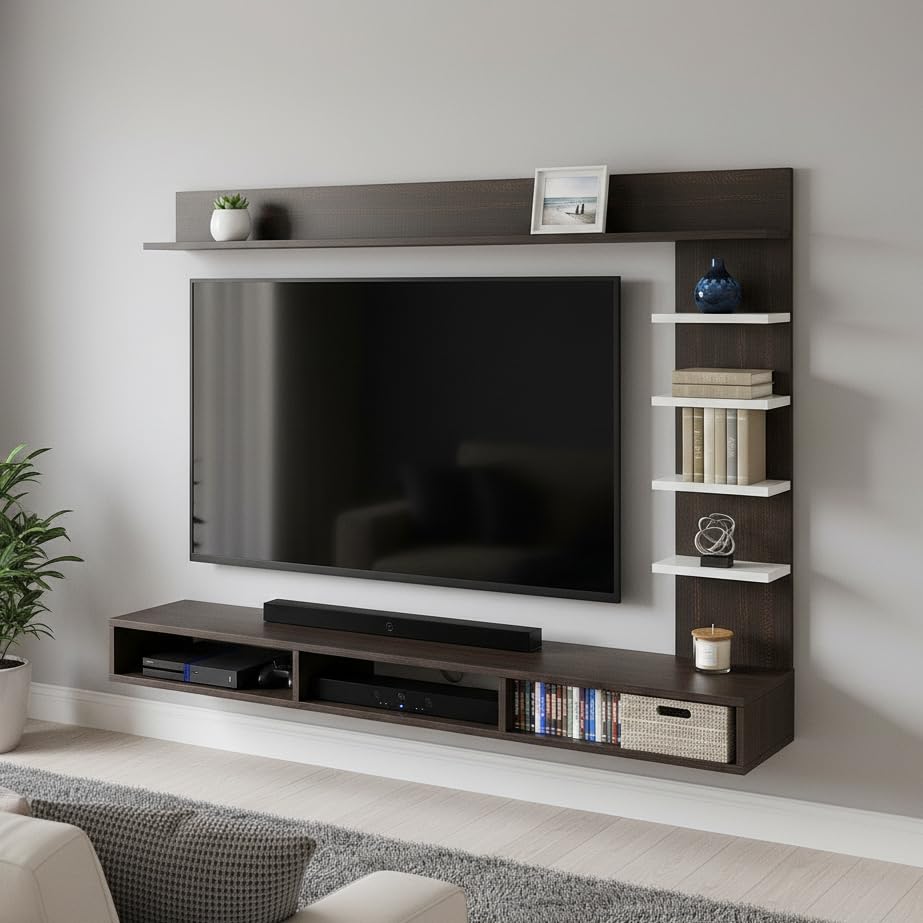 Image of FURNEASER Eplus Engineered Wood Wall Mount TV Unit /TV Stand /TV Cabinet /TV Entertainment Unit /Set Top Box Stand (Ideal for 50-55 Inch) (D.I.Y) (Wenge & White)