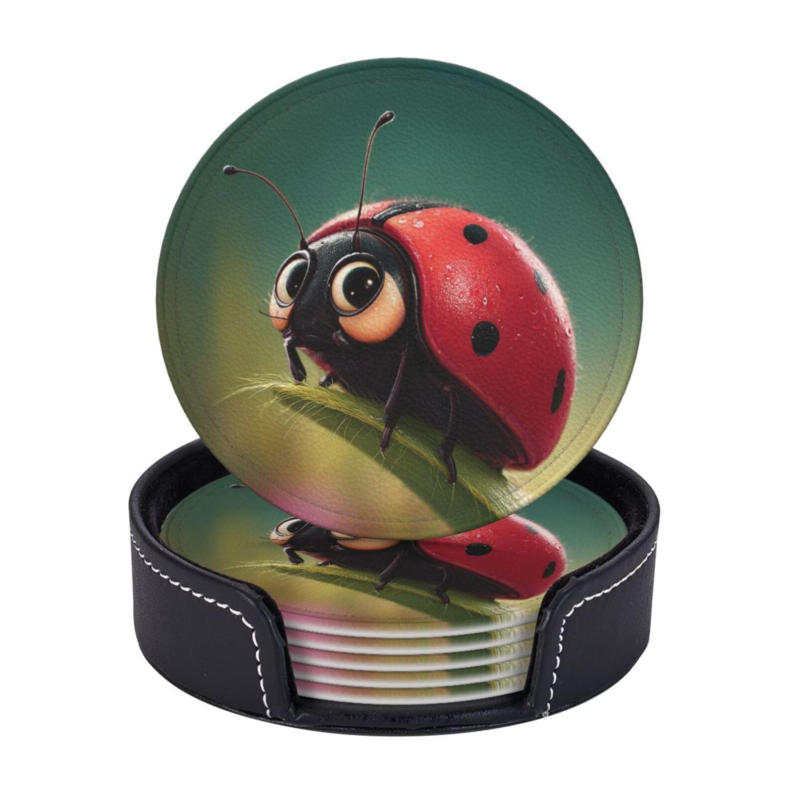 Drink Coasters 6Pcs Round Leather Coaster with Holder Cartoon ladybug Coasters for Drinks Coffee Cup Mat Heat Resistant Coaster for Tabletop Protection Desk Accessories Office Home Decor
