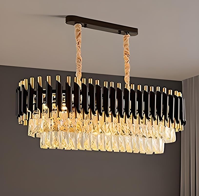 Image of SUANI Black Golden Italian K9 Crystal Ceiling Fixture Metal Chandelier | Chandelier for Living Room | Jhoomar for Restaurant | Chandelier Home | Light Fixture Chandelier Black Gold Oval (600X300) mm