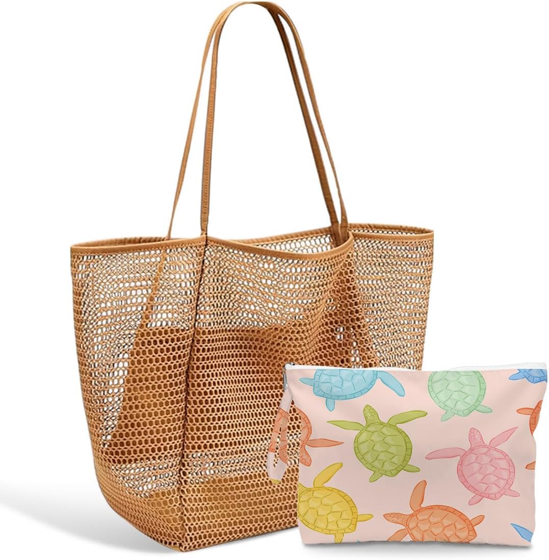 2Pcs Mesh Beach Bag Wet Dry Beach Bag Waterproof Travel Bag Zipper Bag and Sand Resistant Woven Shoulder