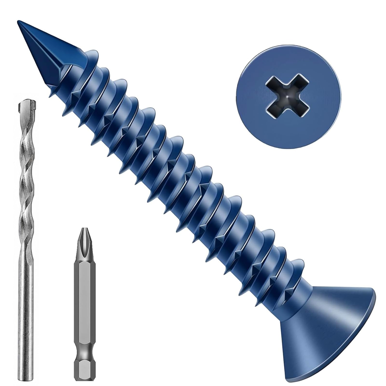 DAYALO Viti per calcestruzzo M6,5 x 45 mm, 30 pezzi, a testa svasata a croce, zincate blu, ancoraggio per calcestruzzo e viti da muro, senza tasselli, con trapano e punta, per calcestruzzo, mattoni
