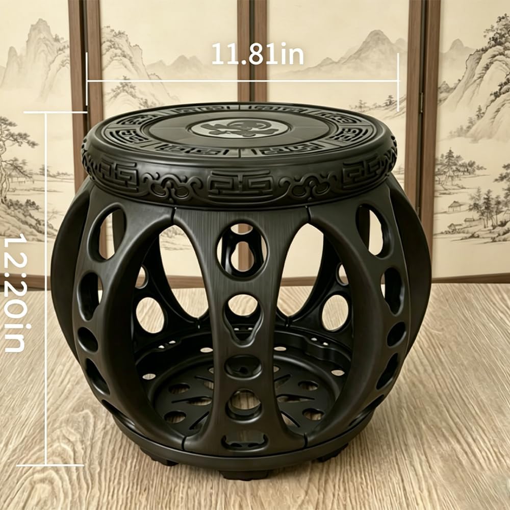 Chinoiserie Garden Stool - Glazed Drum with Flower & Bird Design, Ideal for Living Room, Balcony & Garden, Stylish Black 32x38cm Decorative Accent Piece