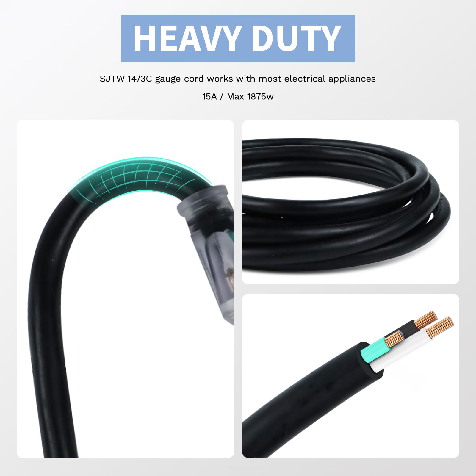 SJTW - Cavo di prolunga illuminato per esterni, 14/3, 3 m, resistente, colore nero, calibro 14 con spina di messa a terra a 3 poli, ideale per prato, giardino e elettrodomestici
