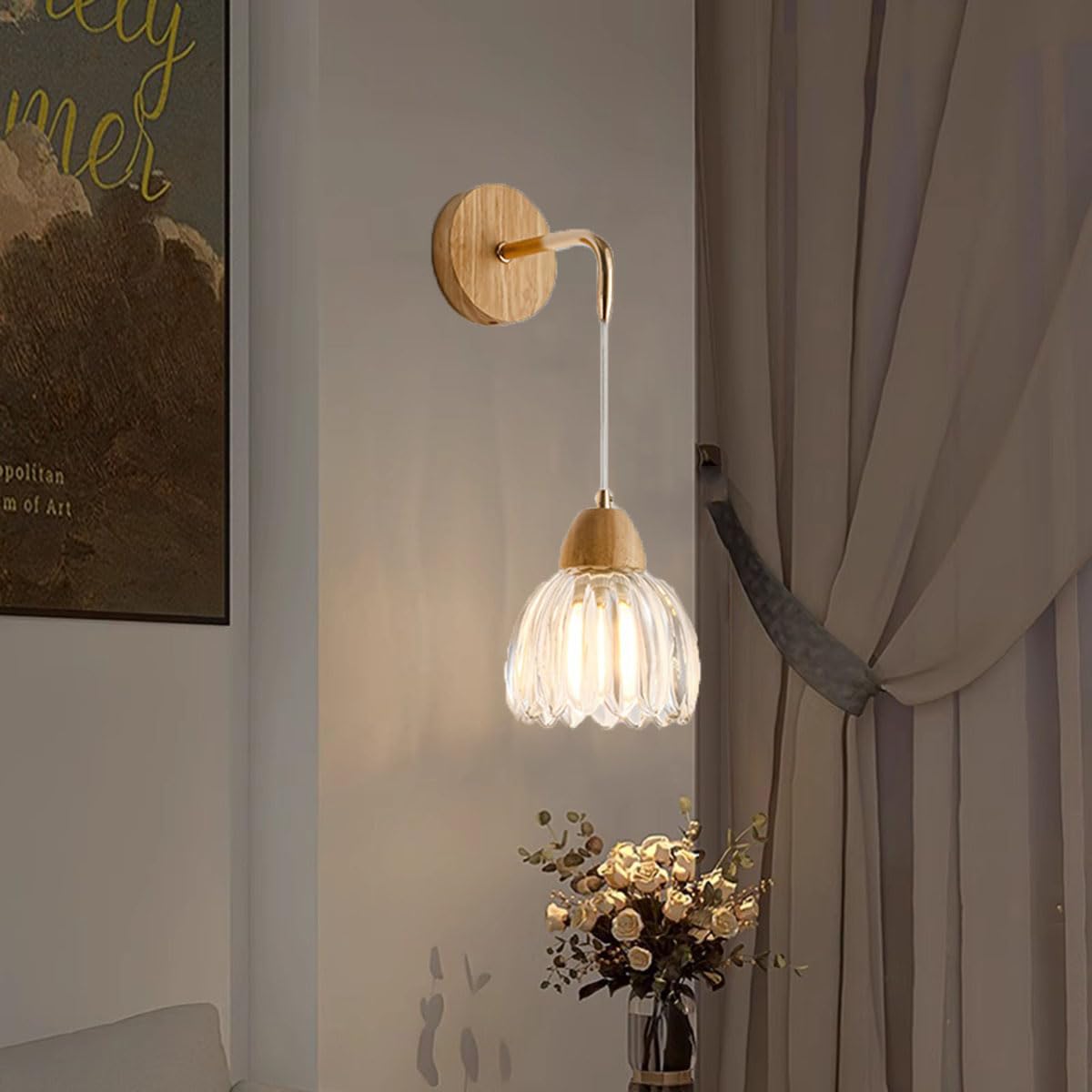 Drewniany kinkiet wewnętrzny, lampa ścienna w stylu vintage z kwiatowym wzorem, klosz z przezroczystego szkła, lampka nocna E27, lampa industrialna w stylu retro z okrągłą podstawą do salonu, sypialn