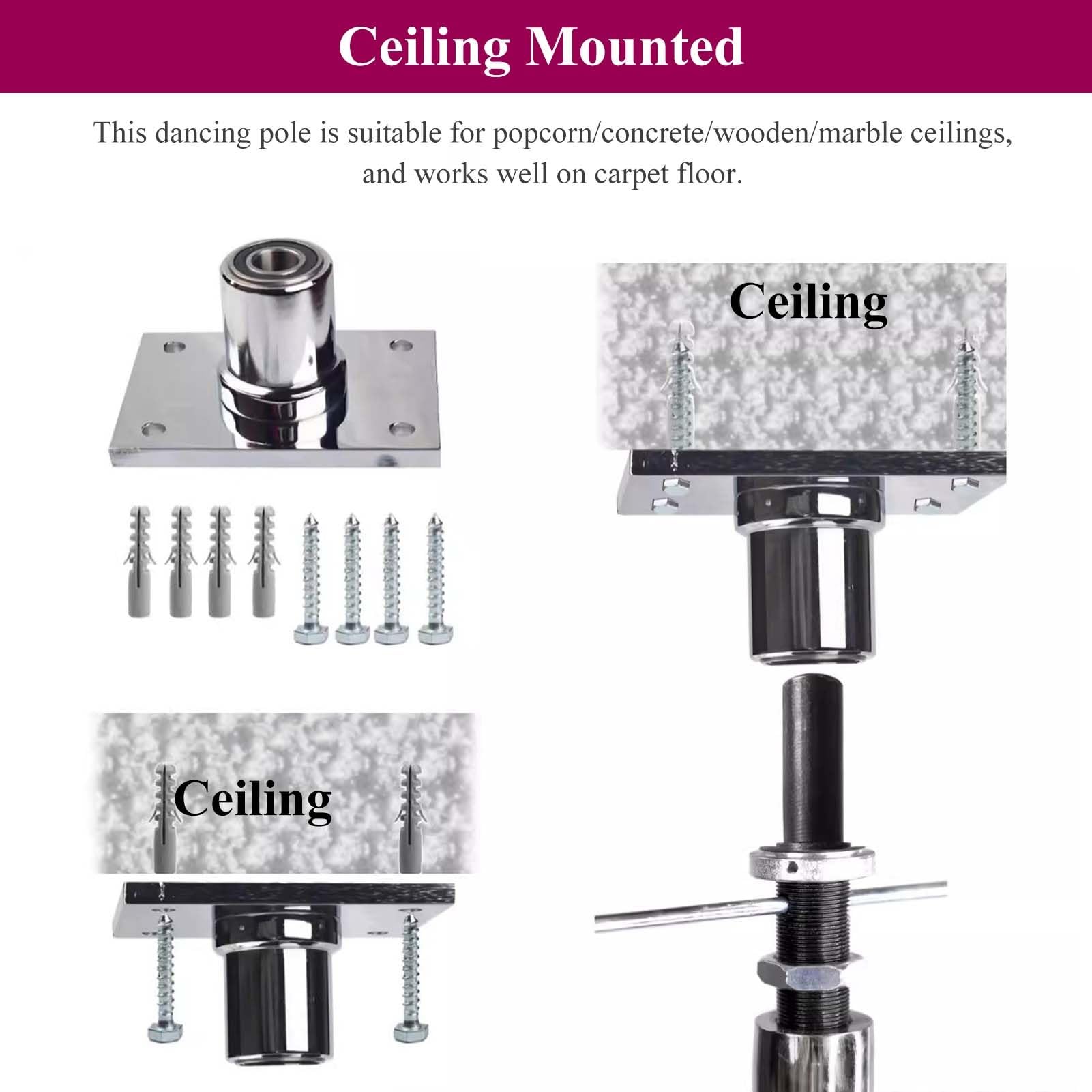 ERoomQ Adjustable Dance Pole Kit - Spinning & Static Home Fitness Stripper Pole with Fixed Plate for Studio, Pub, and Gym Practice - Black Dancer Dance Tube Equipment(2.24m 2.77m(7.3ft 9ft))