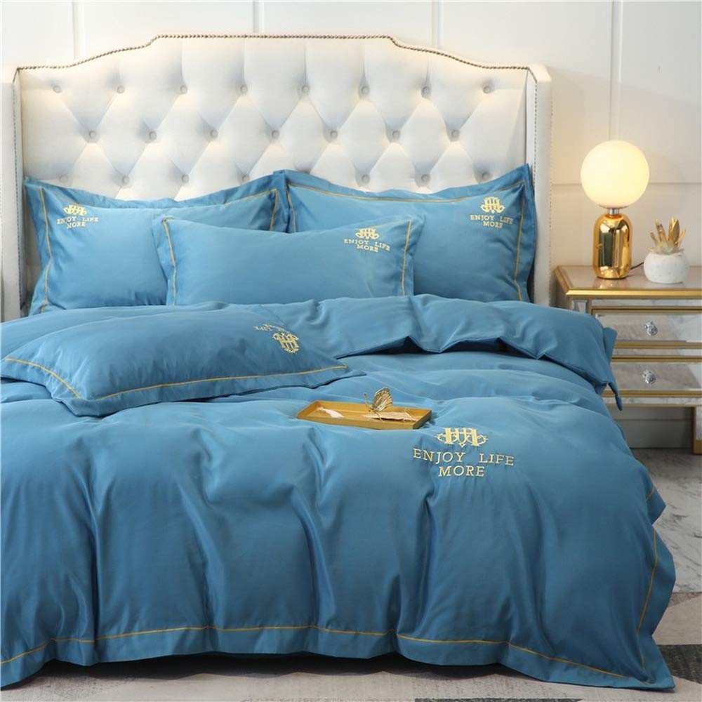 Parure de lit double en soie lavée anti-frottement housse bleue 220 x 240