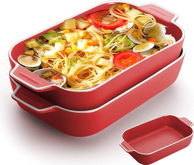 Lasagne Dish, 2PCS 9x5 inch Rectangular Ceramics Baking Dishes with Handle, Coloured Small Oven to Table Baking Dish Ideal for Oven Ceramic Baking Pan Lasagna Casserole Pan Individual Bakeware(Red)