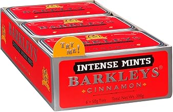 Barkleys Rosso Caramelle Cannella. Confezione da 6 Lattine. Ogni Lattina contiene 50 grammi di confetti alla Cannella. Senza derivati del latte, Glutine, Uova, Soia e sostanze animali. Adatto a Vegetariani e Vegani. Da collezionare.