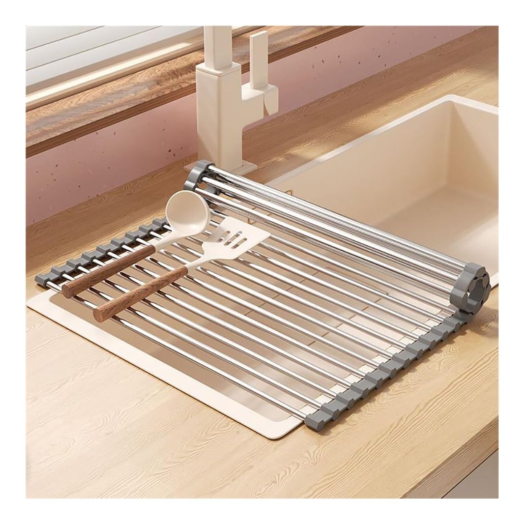 Escurridor de platos enrollable, escurridor de platos enrollable multiusos para fregadero, plegable, de acero inoxidable, para colocar sobre el fregadero o la encimera de la cocina (de 14,6 a 18,5 pu