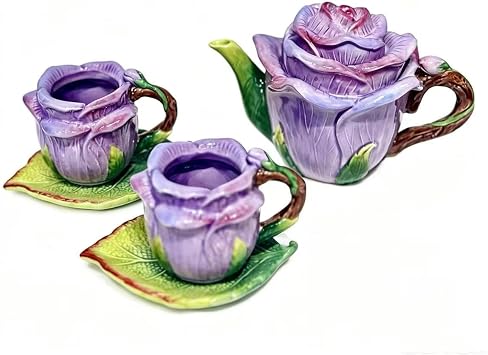 Ceramic Rose Tea Pot Set, 3D Hand-painted Rose Flower Cup and Green Leaves Saucer, Set of 5 Pinkish Purple