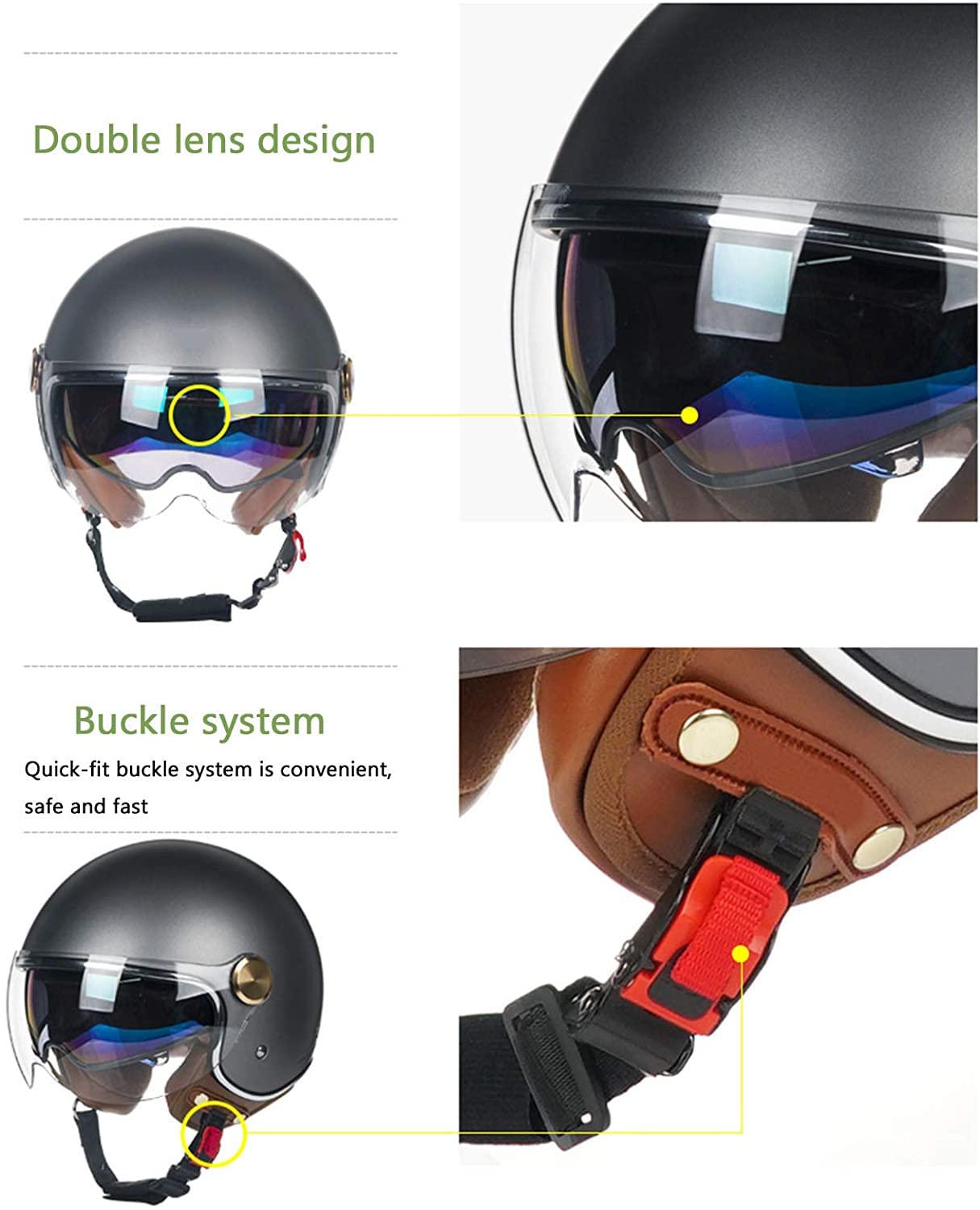 Casque Adulte Avec Visière - Demi-casque Scooter ABS, Réglable 54-62 Cm, Rétro Et Confortable - Homme/Femme