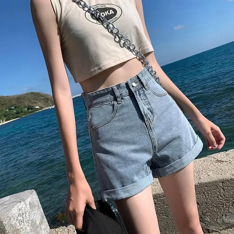 Pantalones cortos de mezclilla para mujer, de verano, cintura alta, sueltos, gris, S