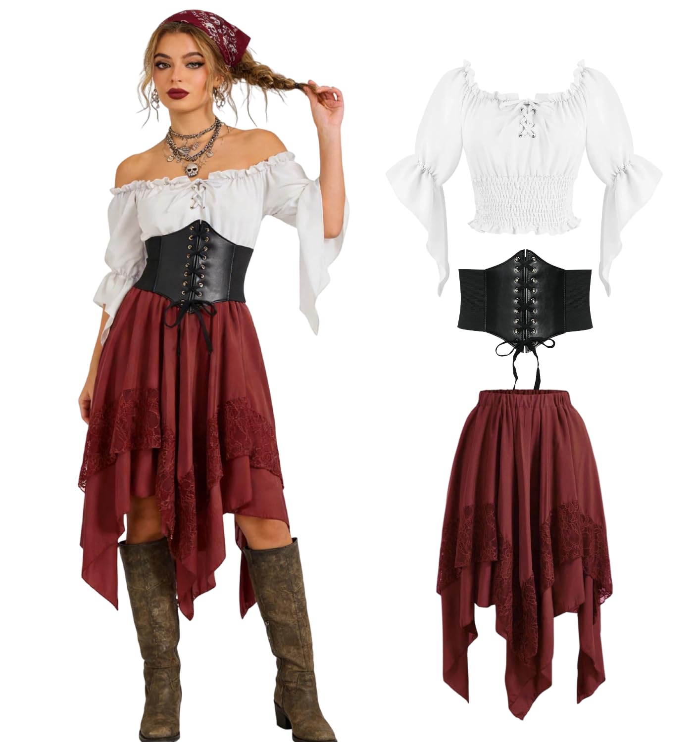 minkasic Medieval Costume Women Set Elegant Top, Skirt, Corset Belt for Renaissance Faire (Red, XL)