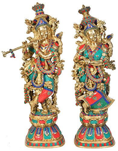 Image of AONA Brass Pair of Radha Krishna Brass Statue Sculpture | Hieght : 29 Inches | Color : Multicolor