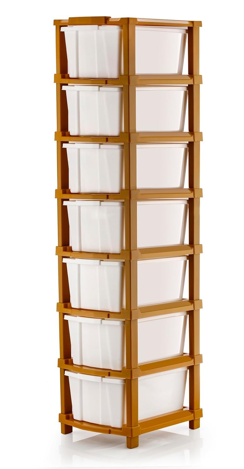 7xl plastic modular drawer storage chest of drawers organizer, large stomo racks for multipurpose use likes home,office,school(white & brown, 7 layer) (28cmx35cmx120 cm)
