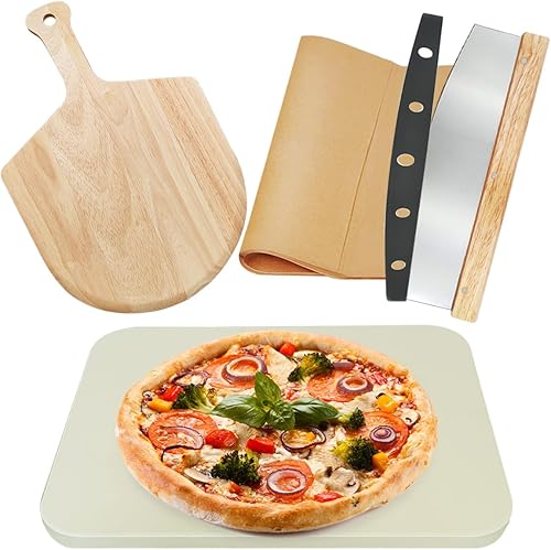 Juego de 4 piedras grandes para pizza para horno y parrilla, piedra de cordierita rectangular de 15 pulgadas con cáscara de pizza (roble) y cortador