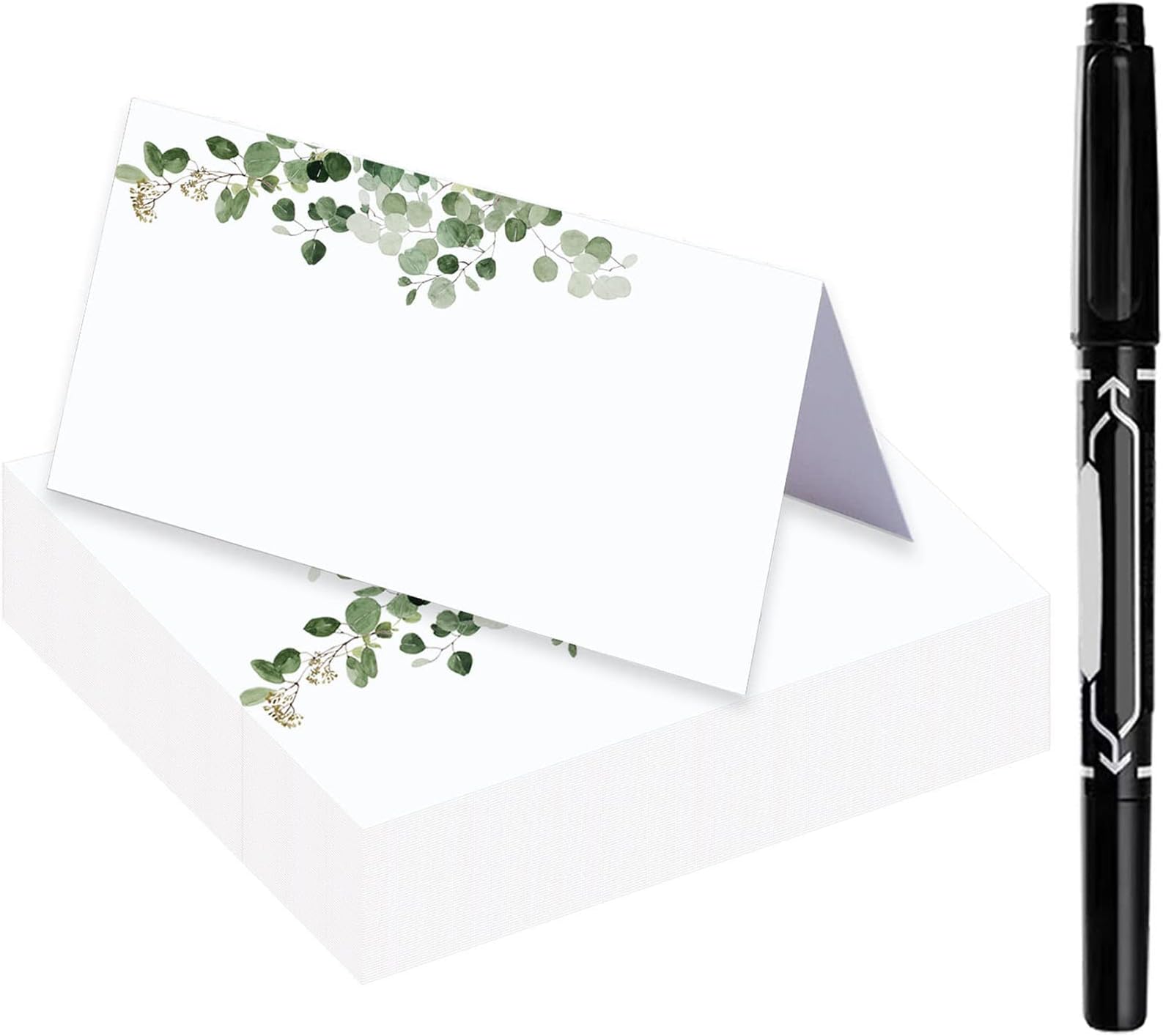 JINMURY Eucalyptus Place Cards with Pen for Weddings or Dinner Parties, 50 Piece Tent Table Place Cards, Printable Seating Cards, Name Escort Cards, Easy to Write and Print Design, 3.5” x 2”