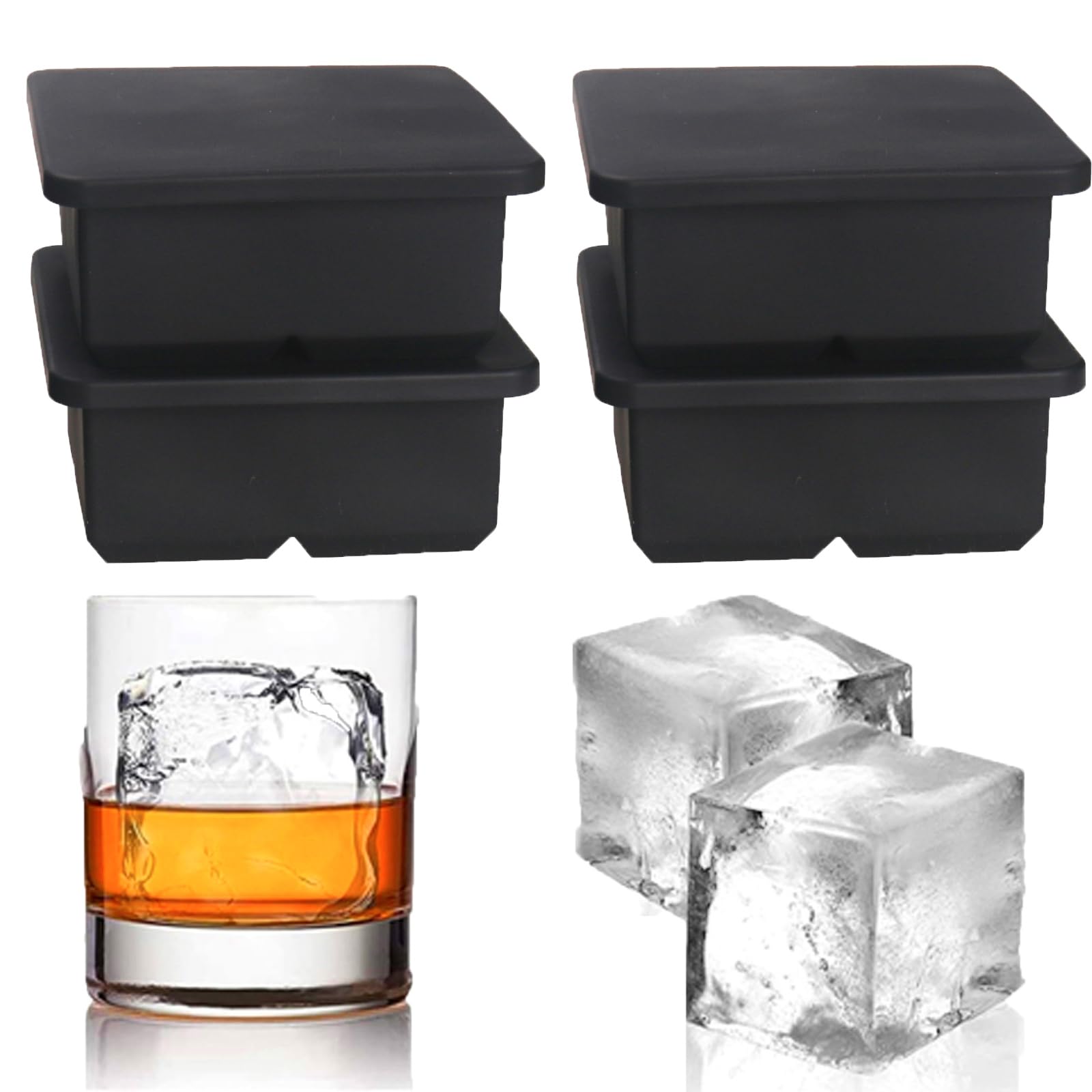 Große Eiswürfelformen für Whiskey: BECOKIT große Silikon-Eiswürfelformen – 6,3 cm quadratische Eiswürfelform für Bourbon-Whisky und Cocktail, 4 Stück, riesige Silikon-Eiswürfelform (schwarz, 4