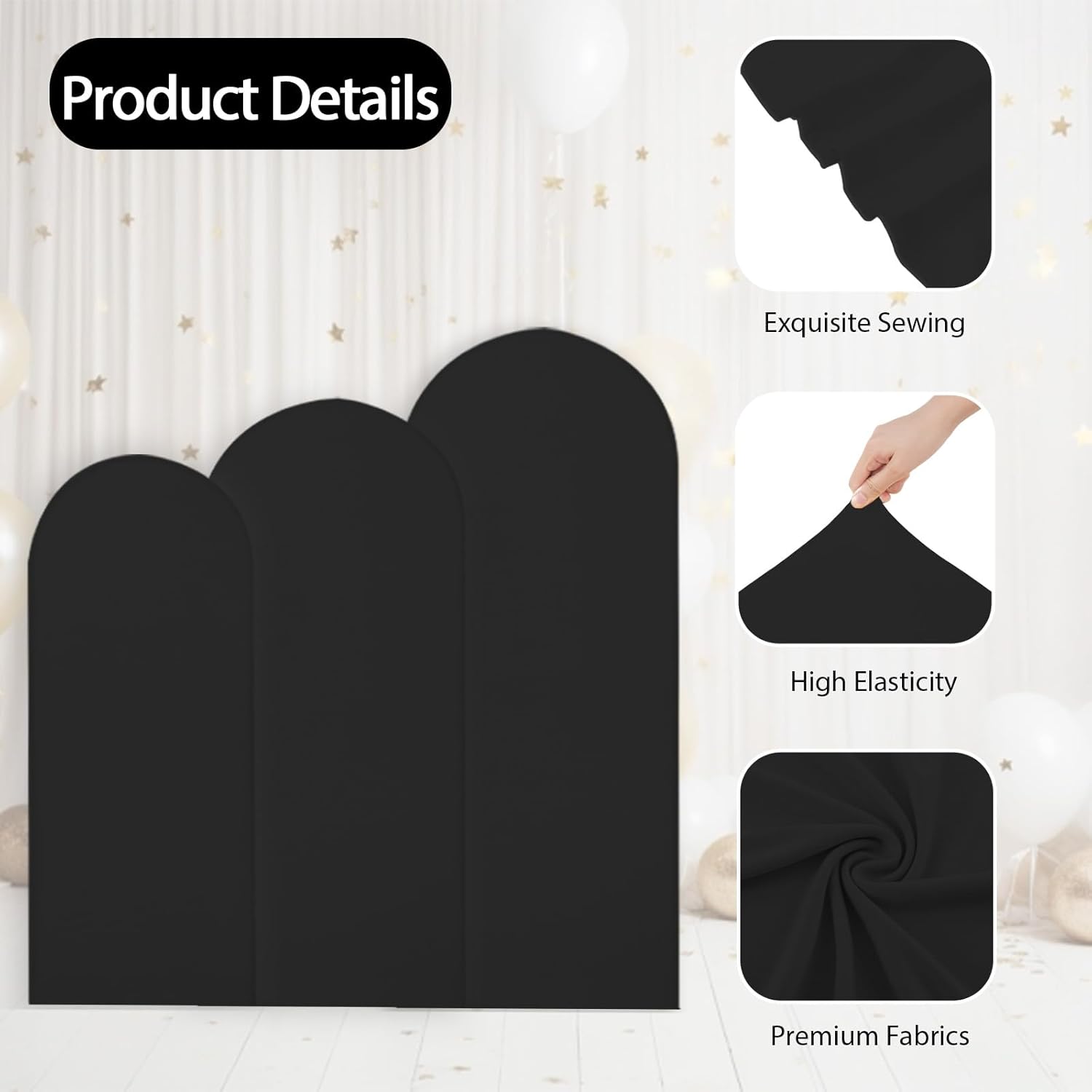 WEERRW Black Arch Backdrop Cover Ballon Arch Stand Covers Set of 3 Spandex Fitted Round Top Chiara Stretchy Backdrop for Wedding Birthday Party Decoration(6FT, 6.6FT, 7.2FT)