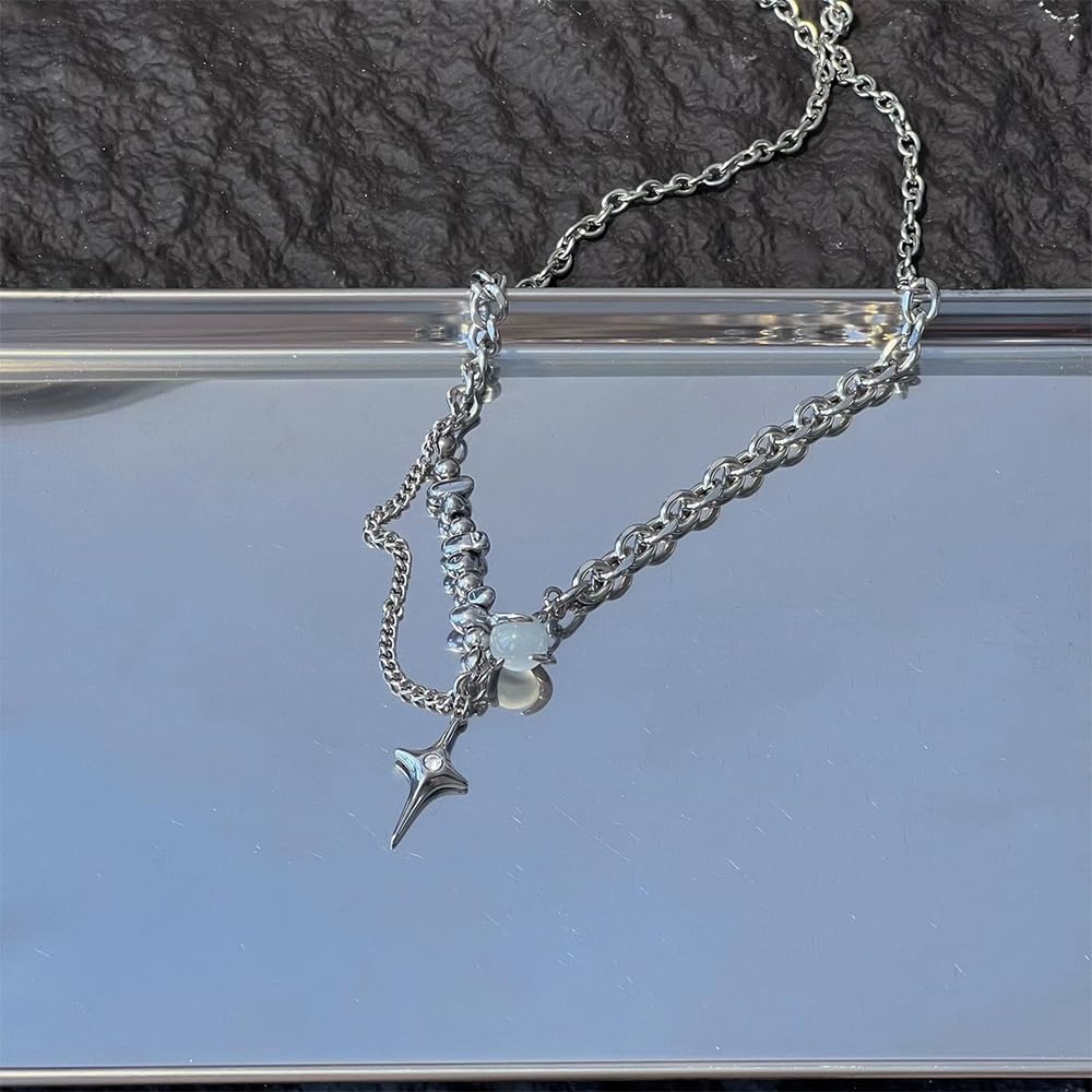 Generico Collana con ciondolo a stella irregolare, collana in acciaio inossidabile con stella argentata e pietra di luna, regalo personalizzato per uomo e donna