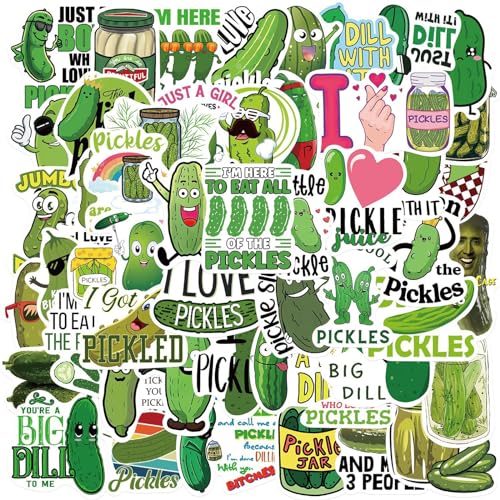 50Pcs Funny Pickle Stickers for Adults, Cartoon Cucumber Sticker Vinyl Waterproof Stickers for Water Bottle, Laptop, Phone, Skateboard, Scrapbook, Journal, Luggage, Party Supplies (Pickle)