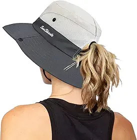 Chapéus de sol femininos dobráveis com proteção UV para uso ao ar livre, chapéu de pesca de praia de aba larga com buraco de rabo de cavalo