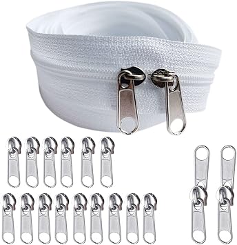 #5 Zipper by The Yard with Pulls and Stoppers/46pcs Zippers Pull for Slider/Head Repacement/Repair 20 Yards Nylon Coil Continuous Zip Roll White and Black for Jacket or Upholstery Repair Sewing kit