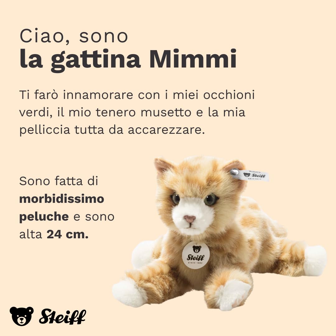 Steiff Peluche Gatto Mimmi, dolce animale di stoffa con occhi in plastica per bambini e bambine, pupazzo di 24 cm, giallo, 099229