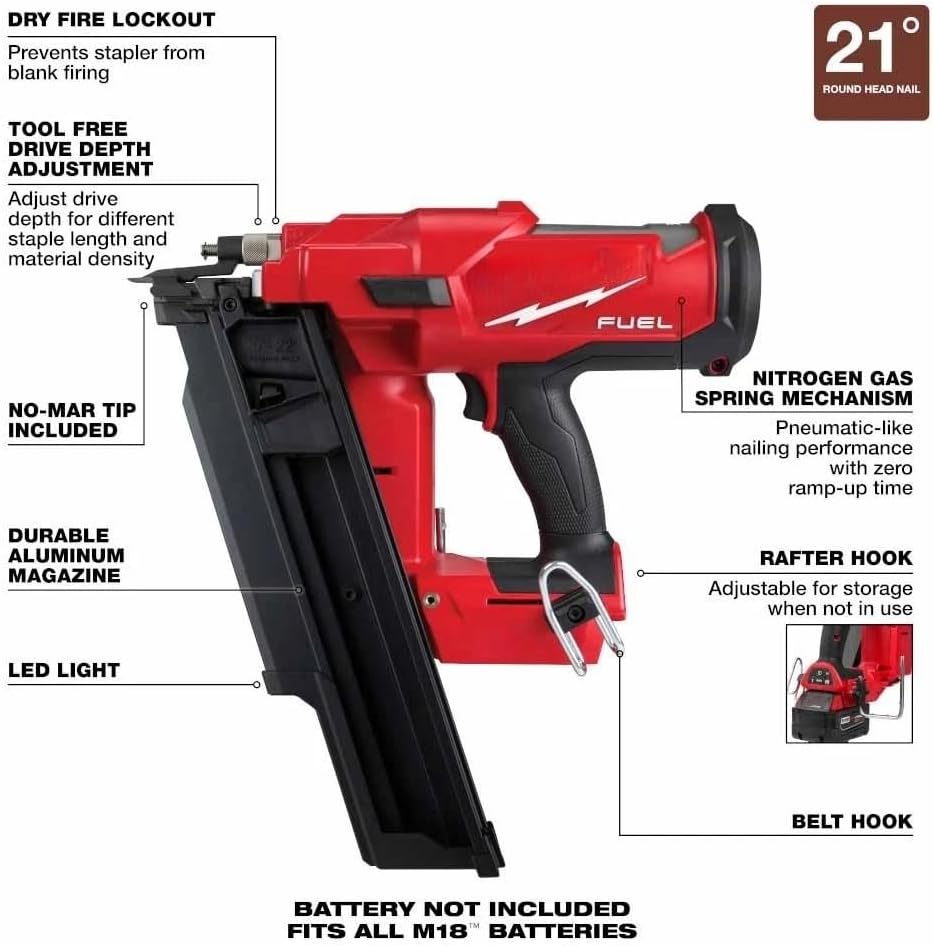 2744-20 Cordless Power Framing Nailers for Milwaukee M18 FUEL 18V 21-Degree Brushless Framing Nailer - Bare Tool
