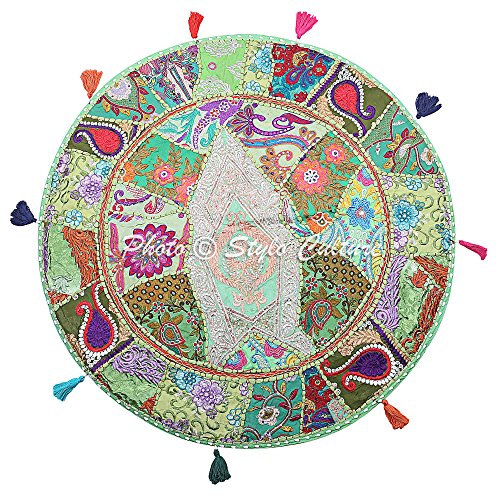 Stylo Culture Indien Dekorativ Rund Bodensitzkissen 80 x 80 cm Groß Sitzsack Kissen Vintage Papagei grün Boho Patchwork Wohnzimmer Baumwolle Bestickt Bodenkissen Indien