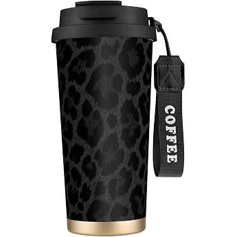 Thermal Mug 500 ml with Straw & Lid - Coffee Mug Thermo to Go Leak-Proof Double Wall Insulated Stainless Steel Mug - Thermal Coffee Mug for Office Camping Black Leopard Print