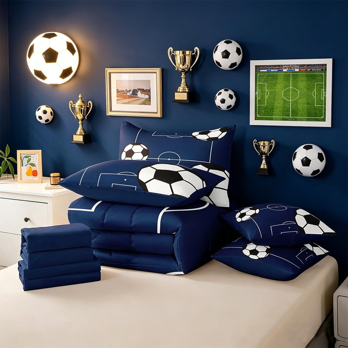 Feelyou Football Bedding Set Queen Size 7 Pieces Kids Soccer Ball Pattern for Boys Girls Teens Sports Theme Football Court Bed in a Bag with Comforter, Sheets, Pillowcases & Cushion Cover