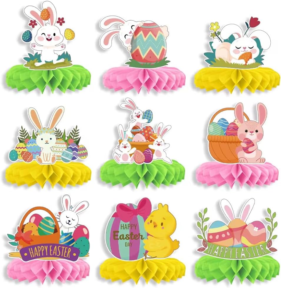 9Pcs Easter Table Decorations, Easter Party Decorations Honeycomb Centerpiece,3D Easter Decorations for Table Happy Easter Decorations Egg Bunny Easter Centerpiece for Easter Decorations