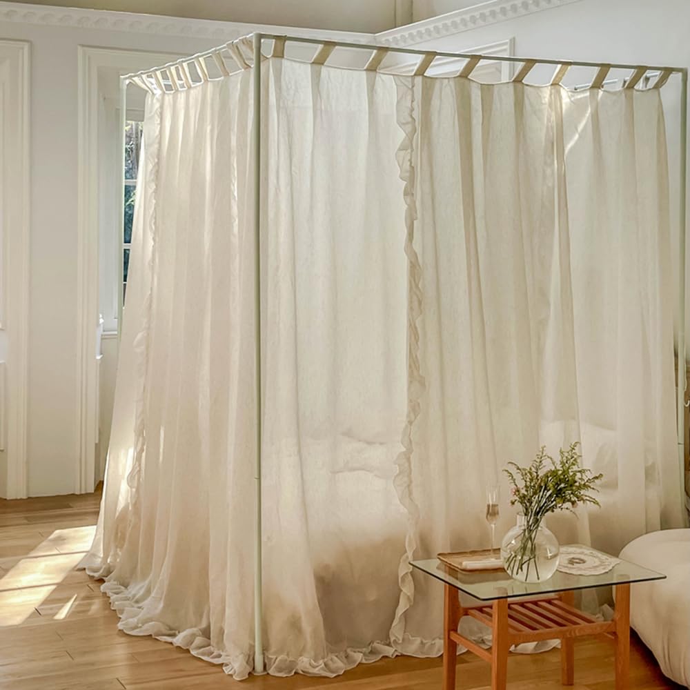 Mengersi Betthimmel-Vorhänge, Leinen-Betthimmel-Vorhänge, 4 Eck-Bettvorhänge, Baldachin-Vorhänge für Schlafzimmer-Dekor (Elfenbein, voll)