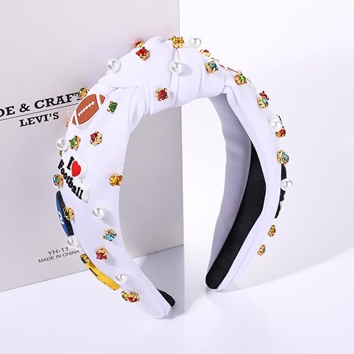 Miniatura 5 de Diadema de fútbol para el día del partido, diadema de perlas de cristal anudada con cuentas de béisbol adornadas con diamantes de imitación, diadema