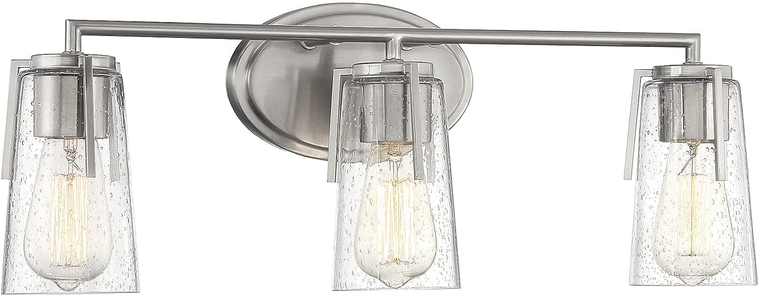 Savoy House 8-7045-3-SN Sacremento Modern Clear Seeded Glass Bathroom Vanity Wall Light, 3-Light 180 Total Watts, 9" H x 24" W, Satin Nickel