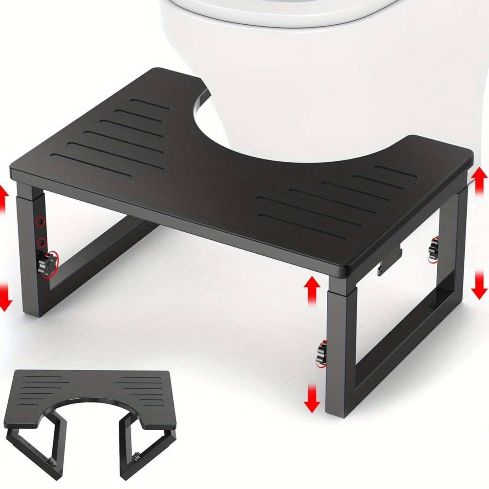 Sgabello Pieghevole per WC Sgabello da Toilette Poggiapiedi per Bagno Pedana Regolabile in Legno E Acciaio Chiusura Rapida Stoccaggio Ordinato Postura, Nero