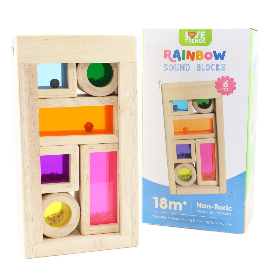 LOVETRENDS Wooden Rainbow Acrylic Building Blocks - Set of 6 Assorted Colourful Wooden Sound-Making Shapes - Childs Sensory Play Activity Playschool Montessori Toy