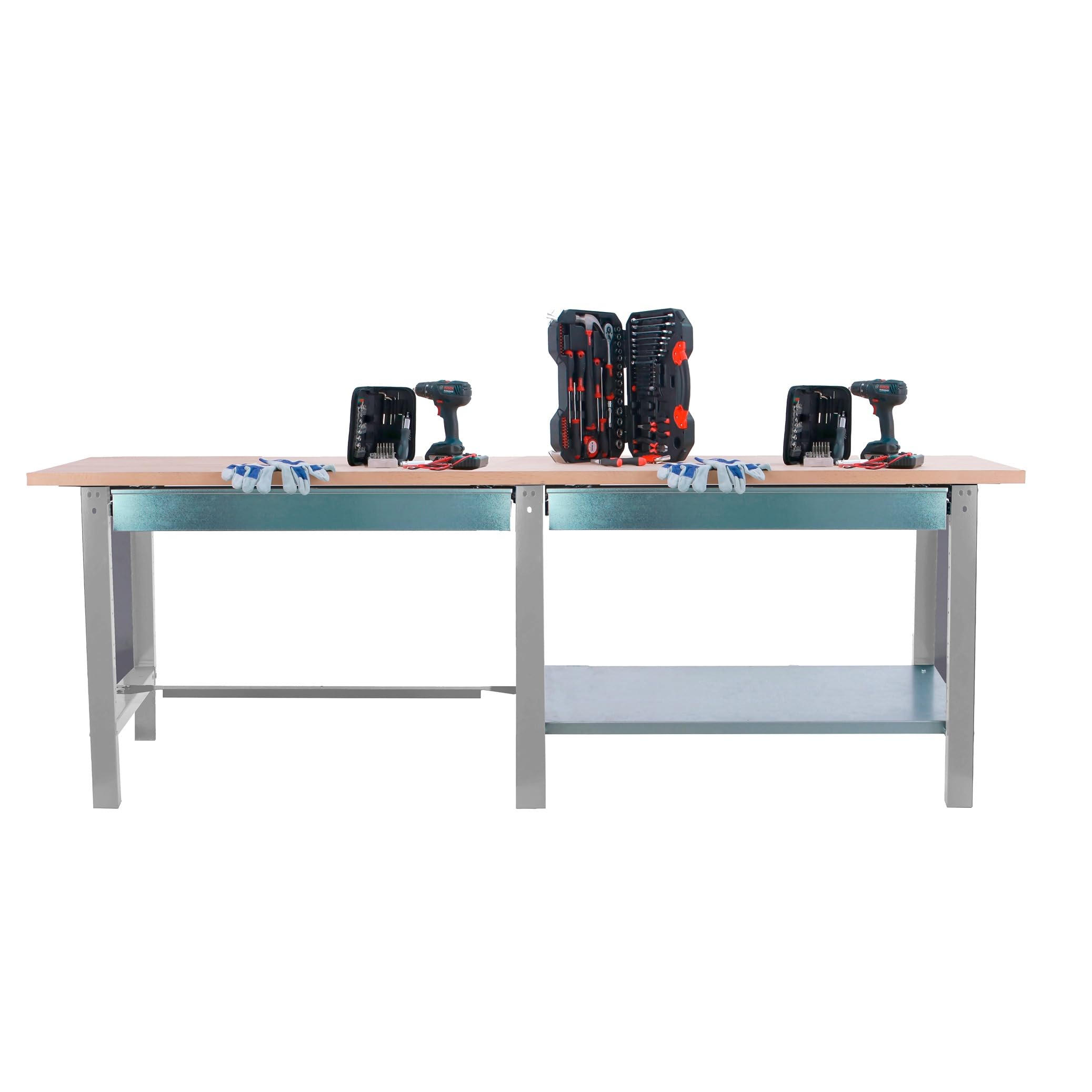 SimonRack Banco de Trabajo Taller Doble, Capacidad Carga 1000 kg, 865x2100x750 mm, 2 Cajones, Mesa de Trabajo, Gris/Haya - BT6 PRO