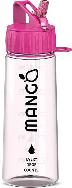 MANGO 600ml Water Bottle With Straw - Motivational Time Markings - BPA Free Sports Kids water Bottles With Flip Nozzle And Leakproof Cap - Perfect for Kids and Sports