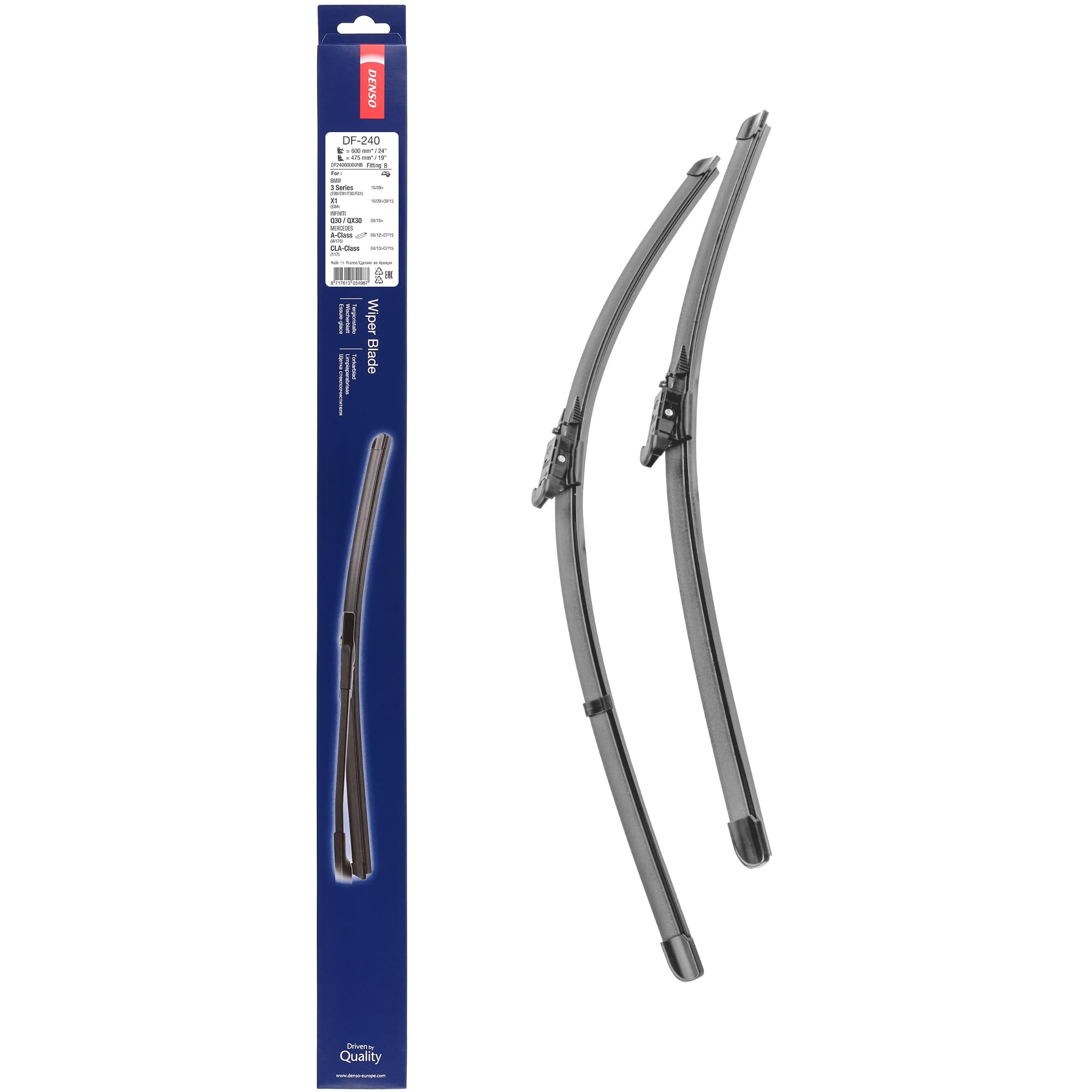 Kit de Escobillas Limpiaparabrisas Planas DENSO (DF-240), 2 Unidades 475/600mm – Vehículos con volante a derecha – Silenciosas y Duraderas con Diseño Aerodinámico – Escobillas Limpiaparabrisas OEM