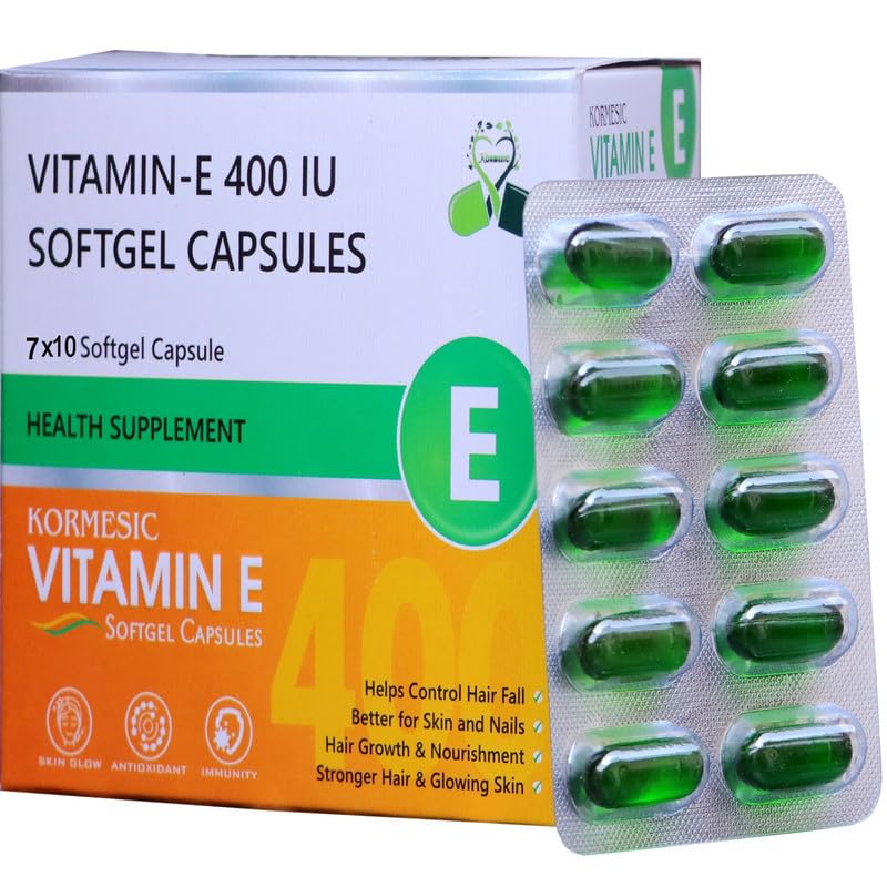 KORMESIC Vitamin E Capsule for Face and Hair | 100% Natural Vitamin E Supliment Capsule 7x10 (70 Capsule)