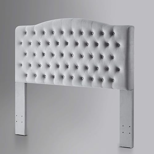 Miniatura 3 de 24KF Cabecera tapizada con terciopelo con diseño de botones capitoné, tamaño QueenMatrimonial, cómoda, a la moda, acolchada, color gris
