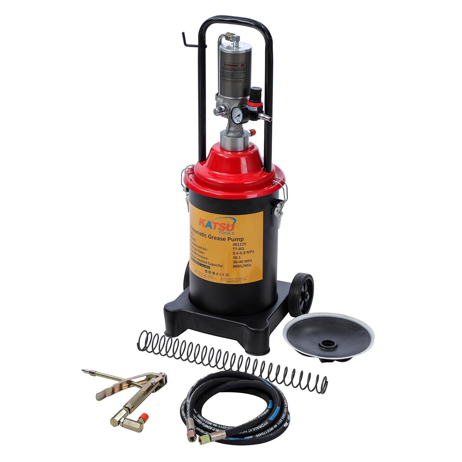 KATSU Tools Bomba de Grasa Neumática 12L Bomba de Engrase con Aire a Presión Dispensador de Pistola de Grasa de Aire Portátil con 12ft Manguera, 450 Bar, para Maquinaria de Automóviles y Camiones