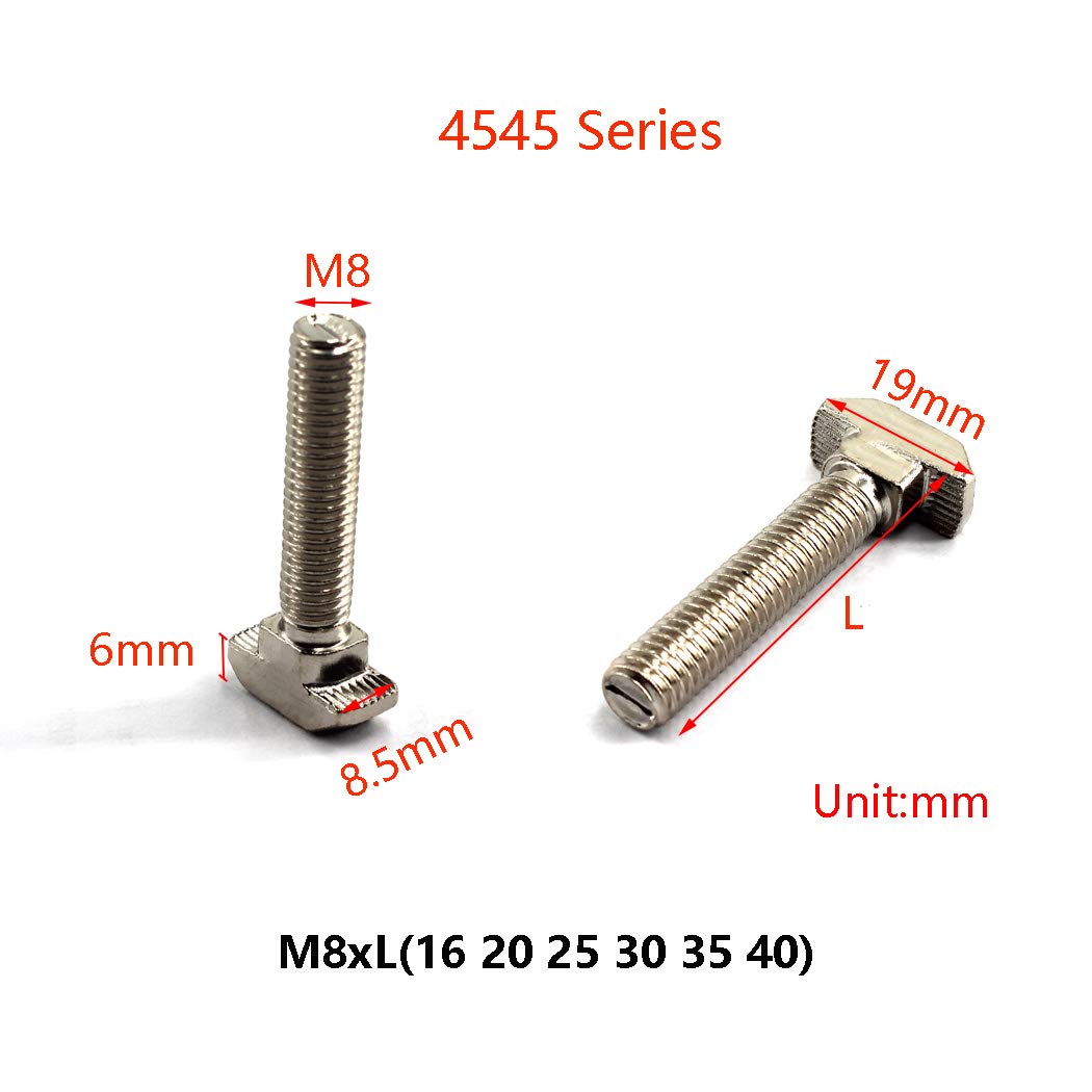 M8X35 T Slot Bolt Carbon Steel Hammer Head Bolt for 4545 Series T Slot Aluminum Extrusion European Standard (20 Pieces)