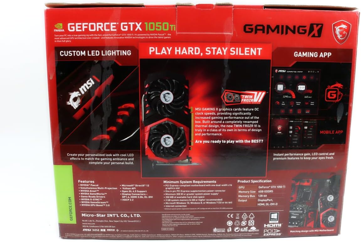 MSI Gaming GeForce GTX 1050 Ti 4GB GDRR5 128-bit HDCP Support DirectX 12 TORX 2.0 Fan Graphics Card (GTX 1050 TI Gaming X 4G) (Renewed)