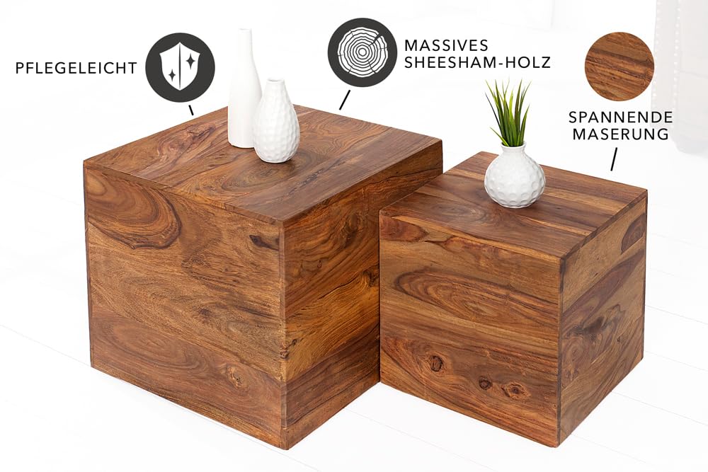 invicta INTERIOR 2er Set Beistelltische Würfel MAKASSAR Sheesham Stone Finish Couchtische Satztische Würfeltische Tischwürfel Holztische Tischset