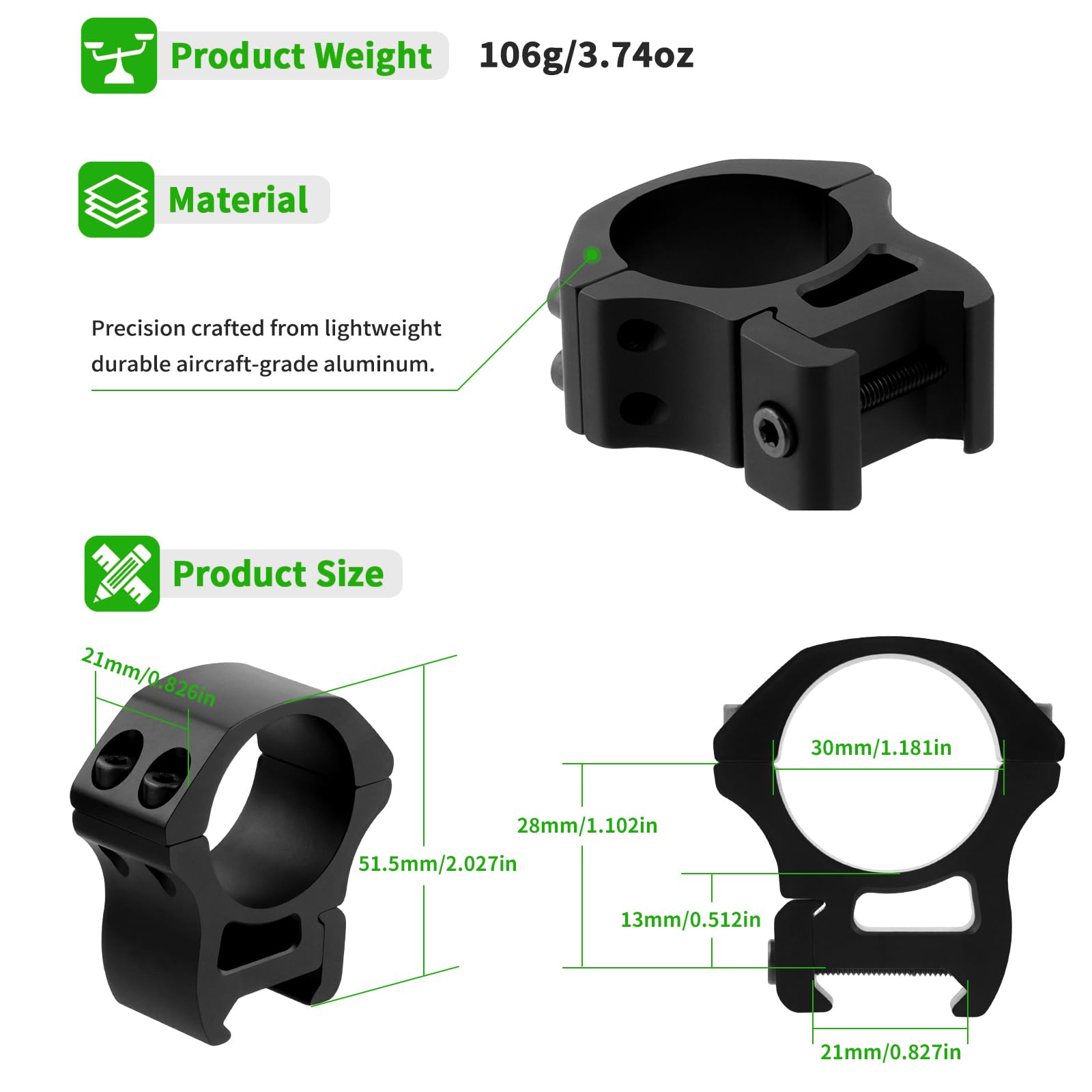 30 mm Teleskopring, Mittelgroßer Monokular Montagering, Passend für 21 mm Picatinny Schiene, 1,10 Zoll Mittelhöhe, Leichter Optik Montageadapter, Sucheradapter für 30 mm Rohre, 2 PCS